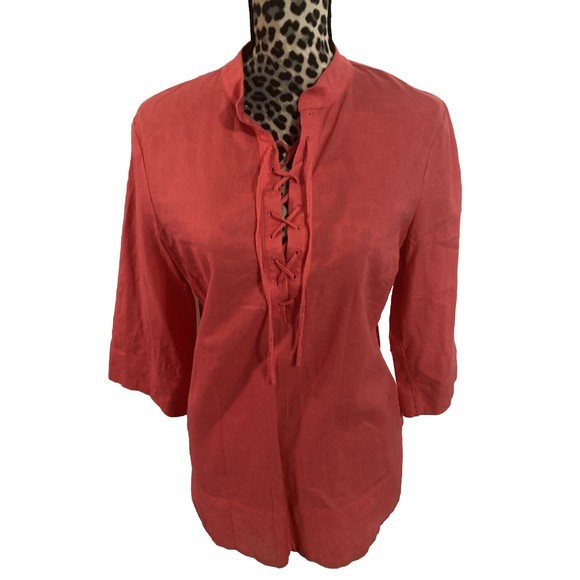 George Women Blouse  L LINEN barbiecore Pink Boho Drawstring Long Sleeve - Picture 1 of 5